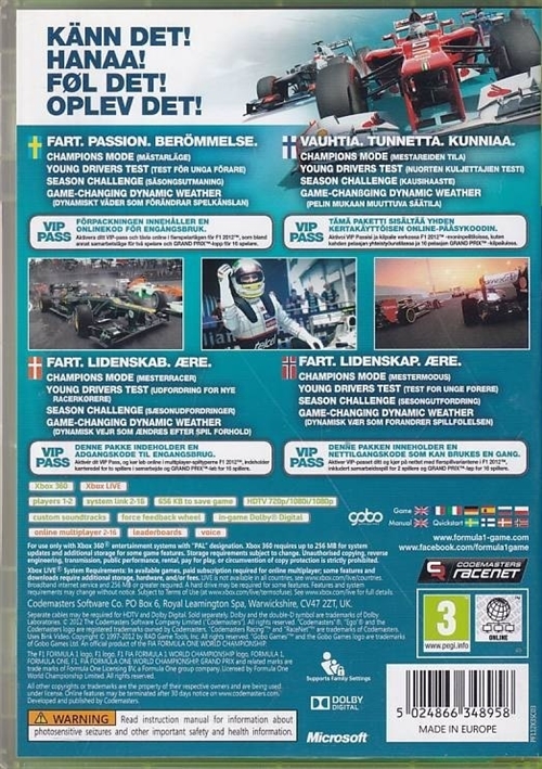 F1 2012 Formula 1 - XBOX 360 (B Grade) (Genbrug)